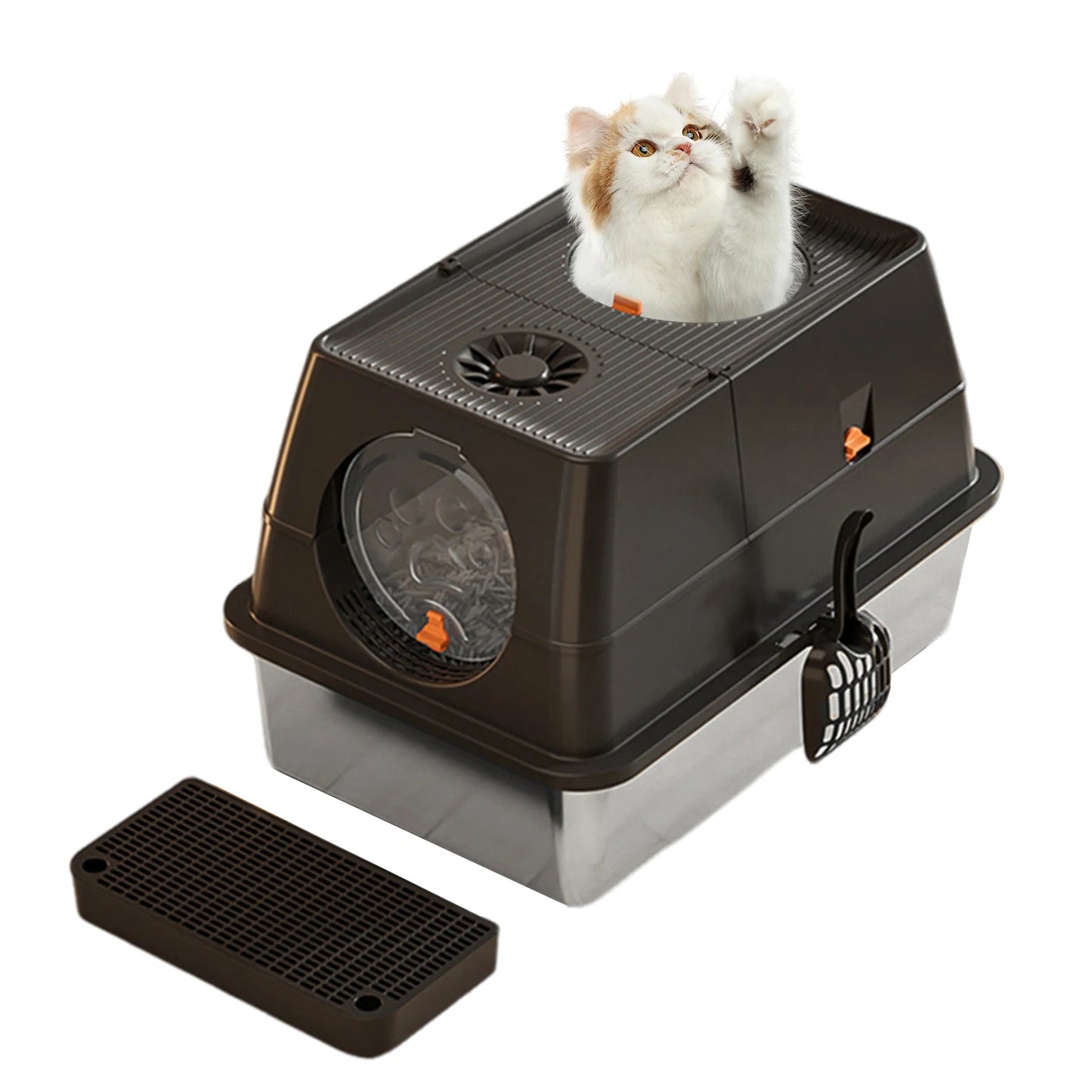Stainless Steel Cat Litter Box, High Sided Enclosure Cat Toilet With Lid,