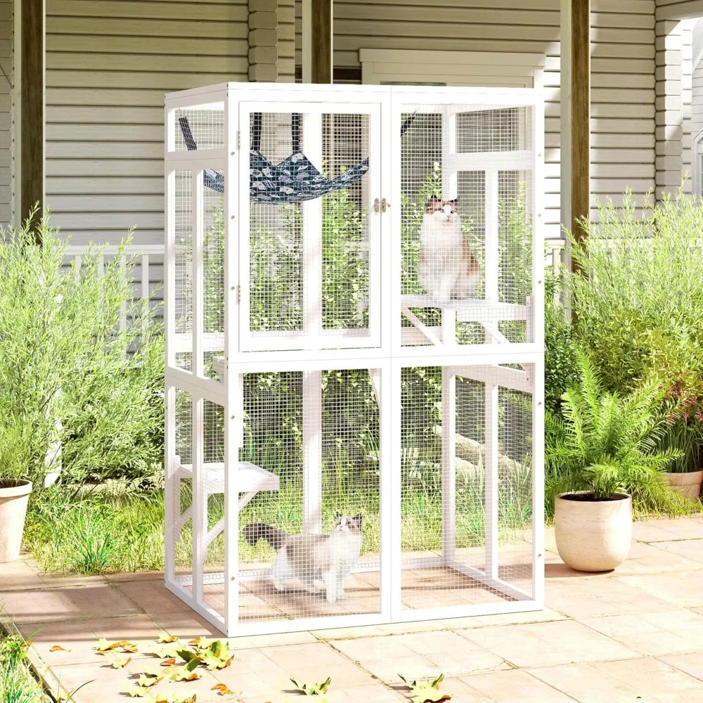 Catio Outdoor Cat Enclosure, Wooden Catio with Window Access for Patio,