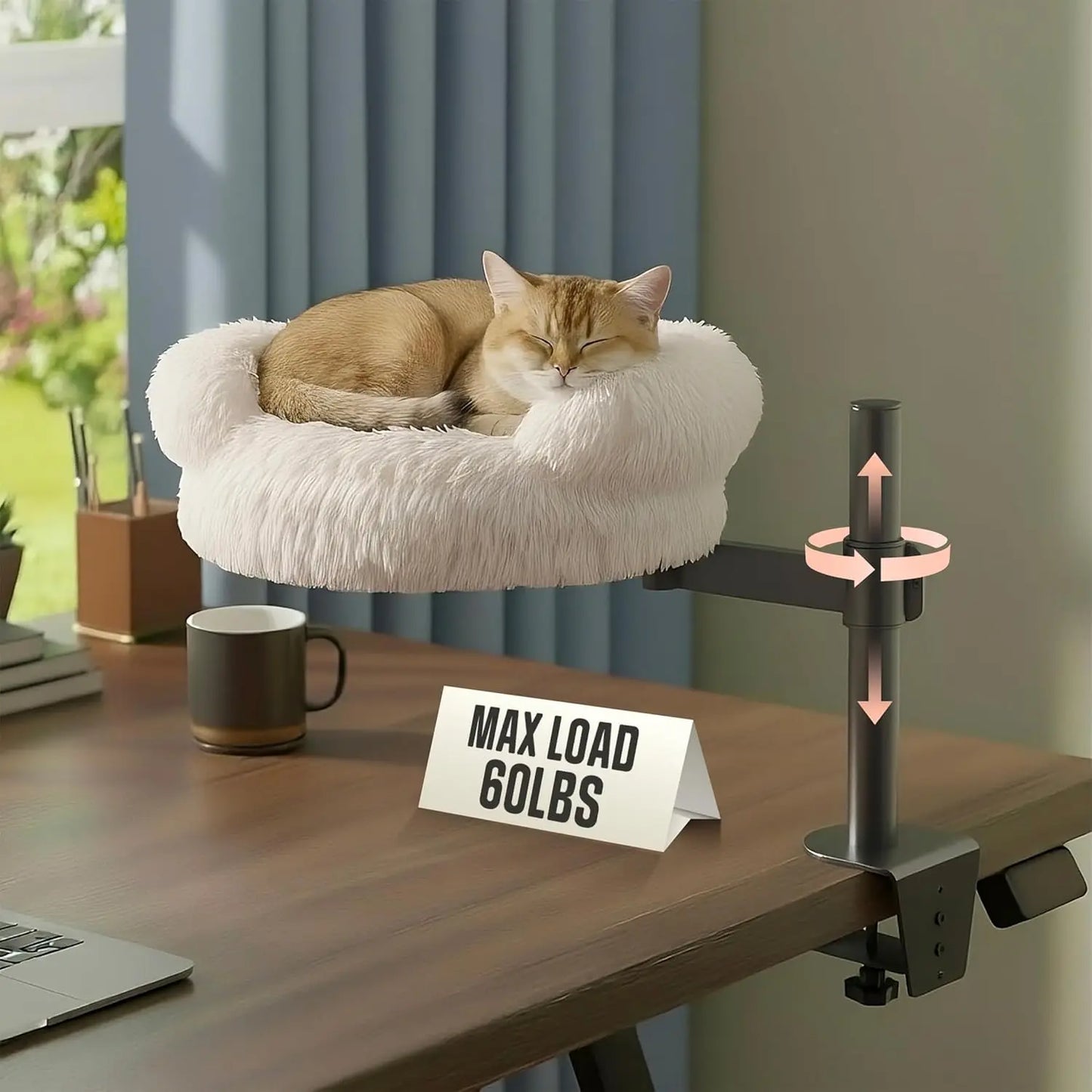360° Rotating Adjustable Cat Desk Bed with 60LB Capacity, Washable Fluffy Hammock for Computer Desks