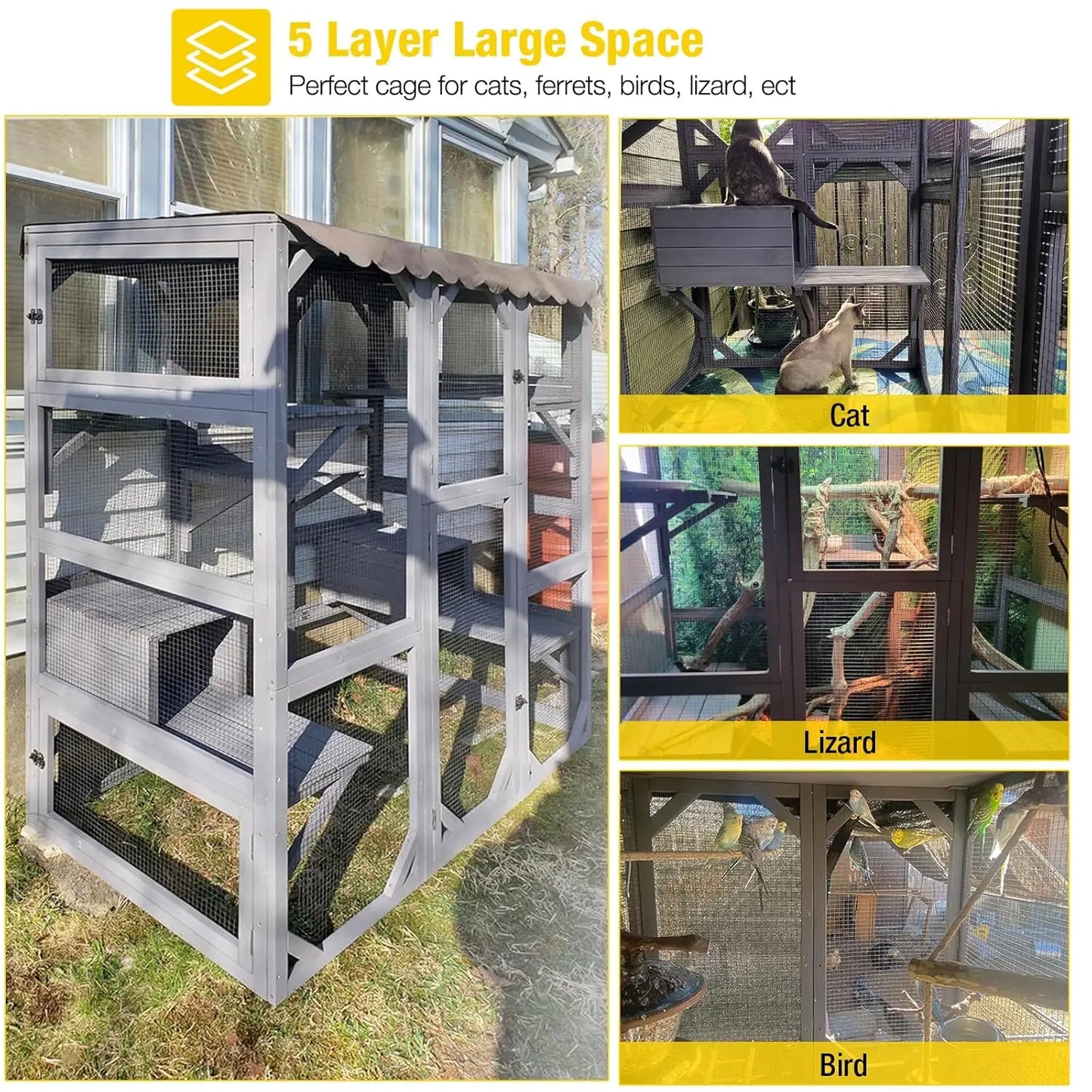 70in Wooden Outdoor Cat Enclosure Large Door Platforms Condo Playpen House