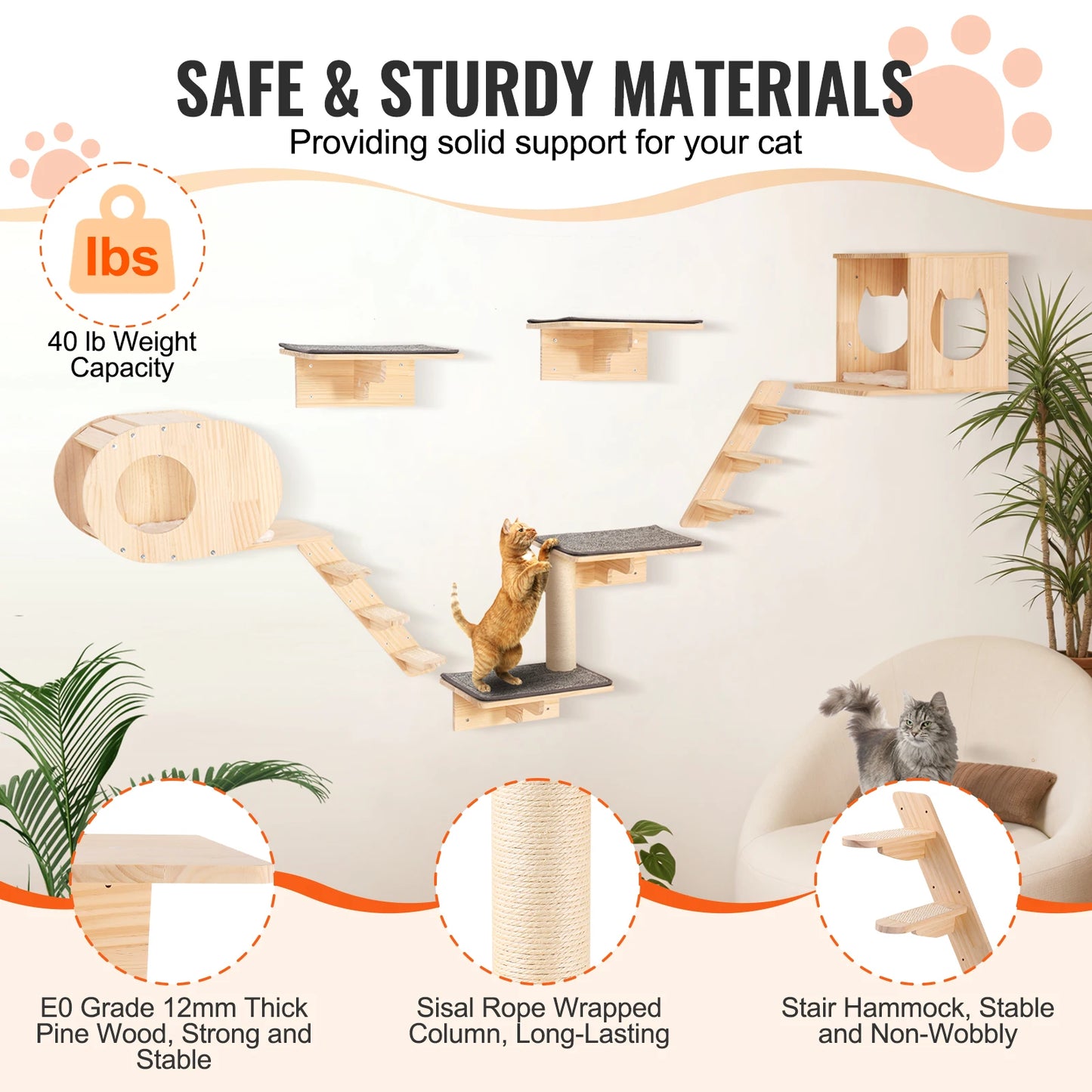SucceBuy Wall Mounted Cat Shelves Cat Wall Shelves and Perches with Jumping Boards Hammocks & Cat Tree