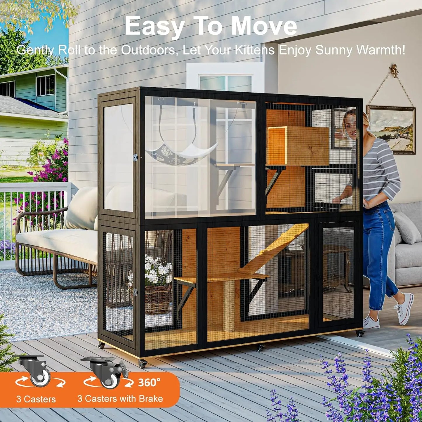 Large Wooden Cat Enclosure 4 Tier Outdoor Sunbathing Cage Patio 4 Access Doors Wheels