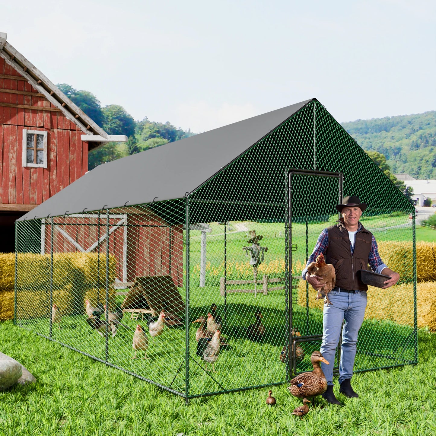 Heavy Duty Metal Chicken Coop w/ Cover and Nylon Netting
