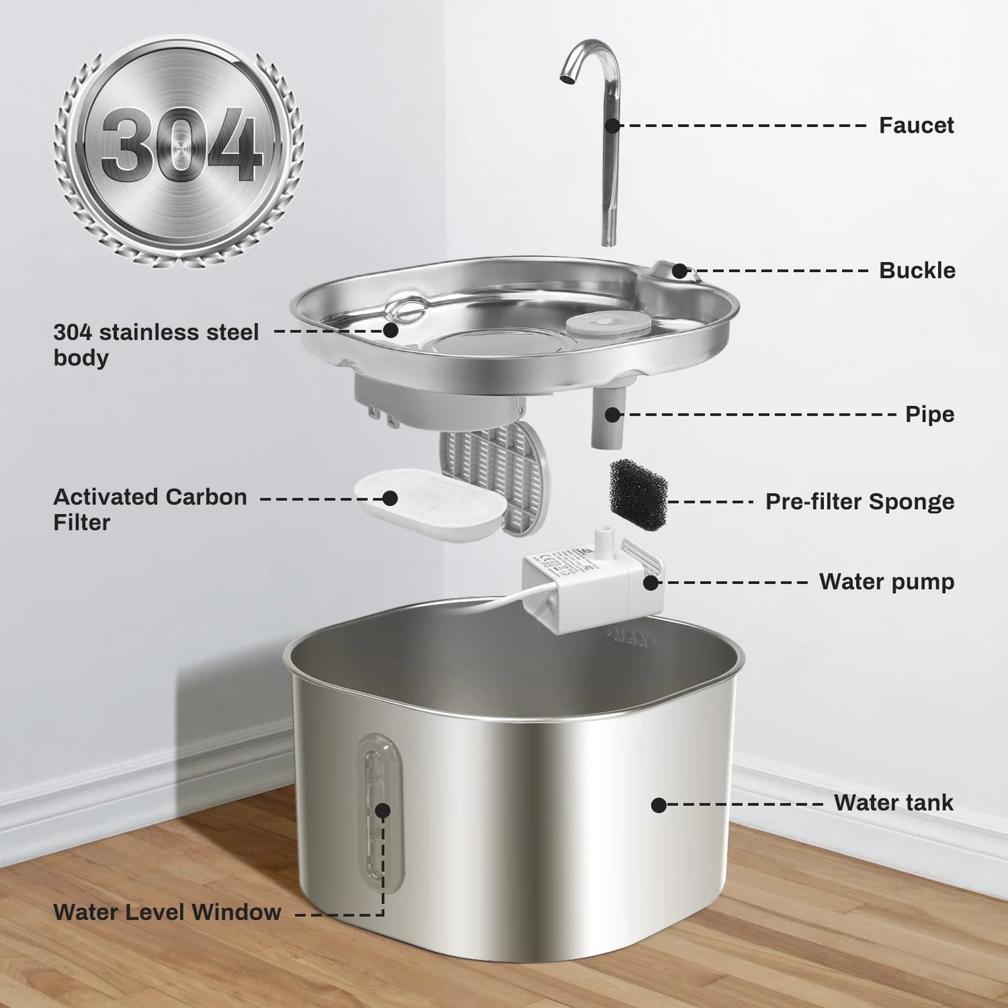 Ultra Quiet Pet Fountain with Multi-Layer Filtration, LED Water Level Window