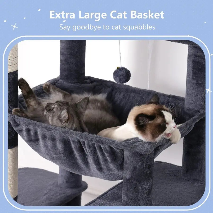 Tall Cat Tree Tower, Heavy Duty Scratching Posts with Large Platforms, Cozy Condos, Big Hammock,