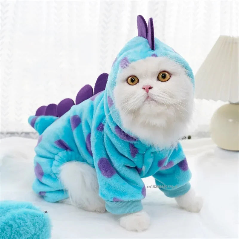 1PC Pet Clothing Dog Cat Autumn and Winter Thickened Warm Blue Dinosaur Hooded Coat