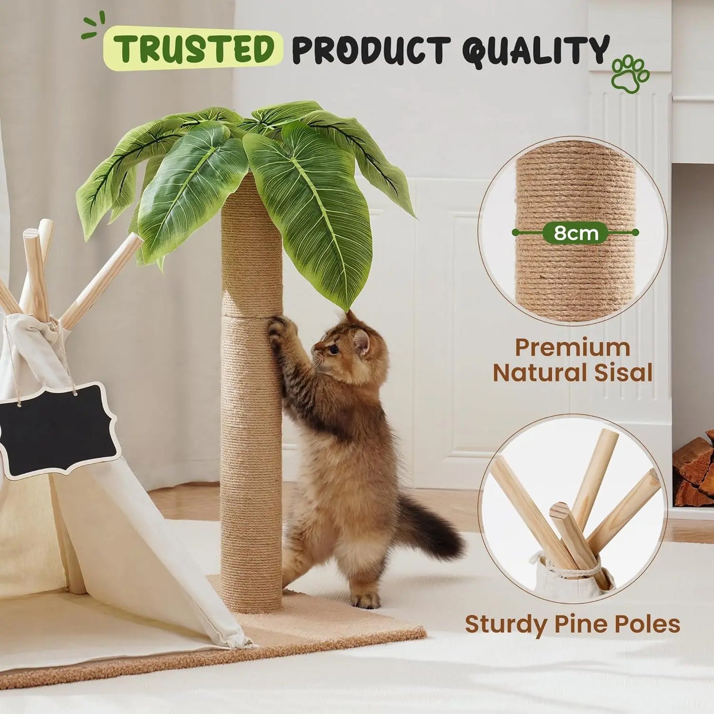 MEWOOFUN Cats Scratching Post Teepee Cat Tree with Simulated Leaves 60cm Tall Scratcher Post Pet Bed Tent Indoor Cat Play House