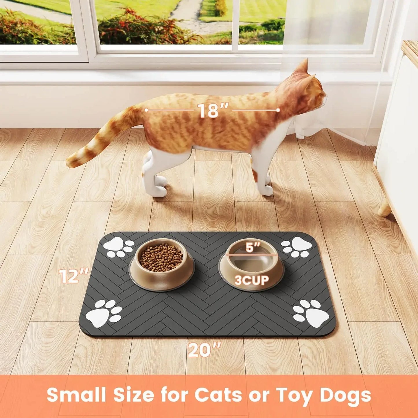 Pet Feeding Mat, Waterproof Placemat for Dog & Cat Food & Water Bowls, Quick-Dry Rubber Backing