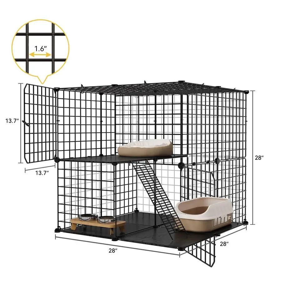 Cat Enclosure for Kittens, 2Tier Pet Cage for Small Animals, Kitty Playpen House for Indoor Outdoor Black