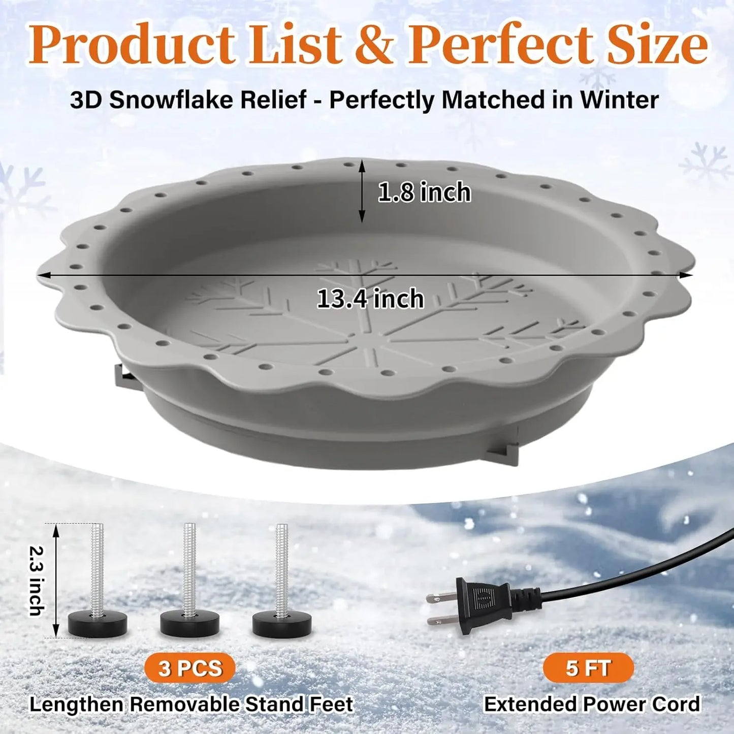 Winter Heated Bird Bath with 100W Thermostat, 3 Metal Screws for Outdoor Garden Patio - Grey