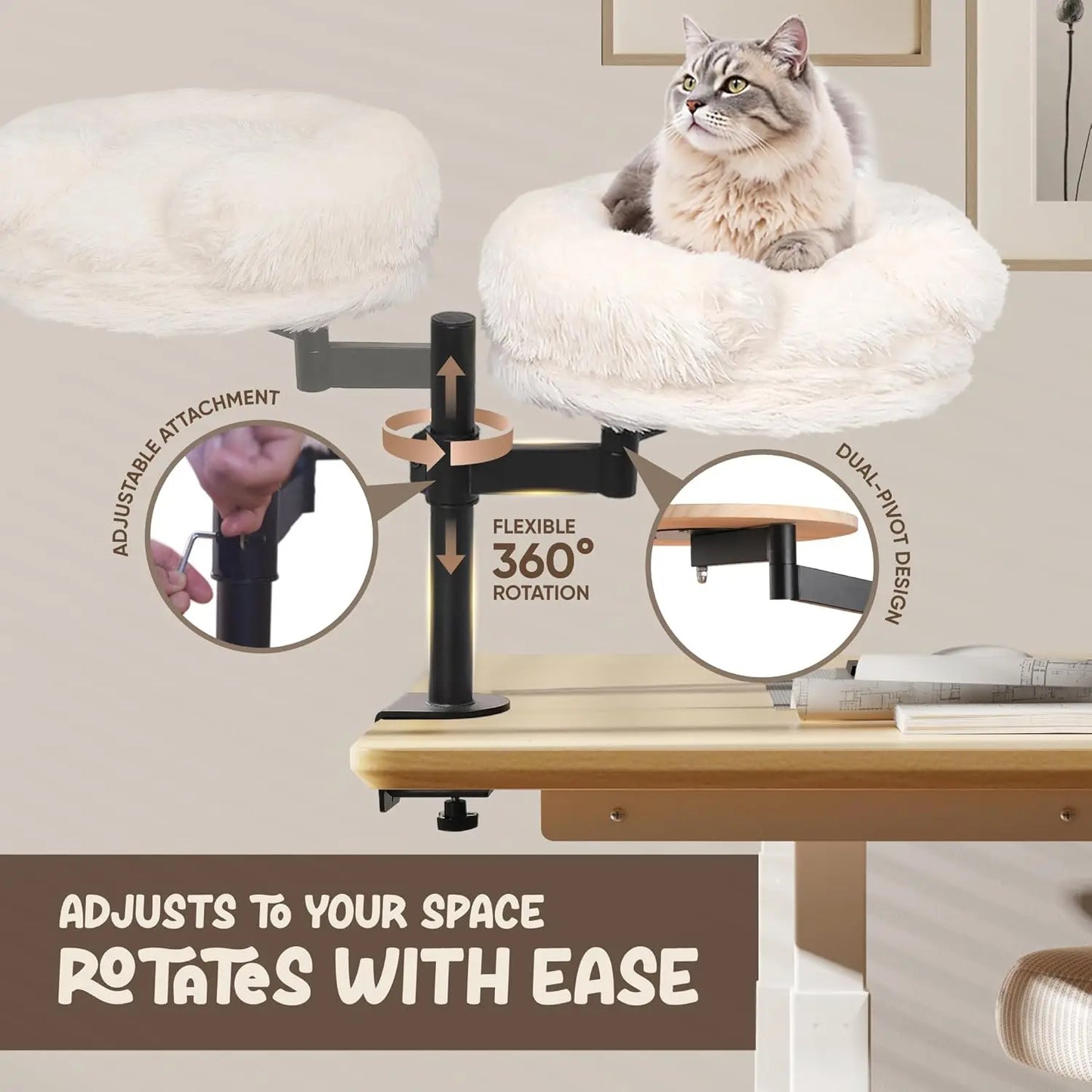 360° Rotating Adjustable Cat Desk Bed with 60LB Capacity, Washable Fluffy Hammock for Computer Desks