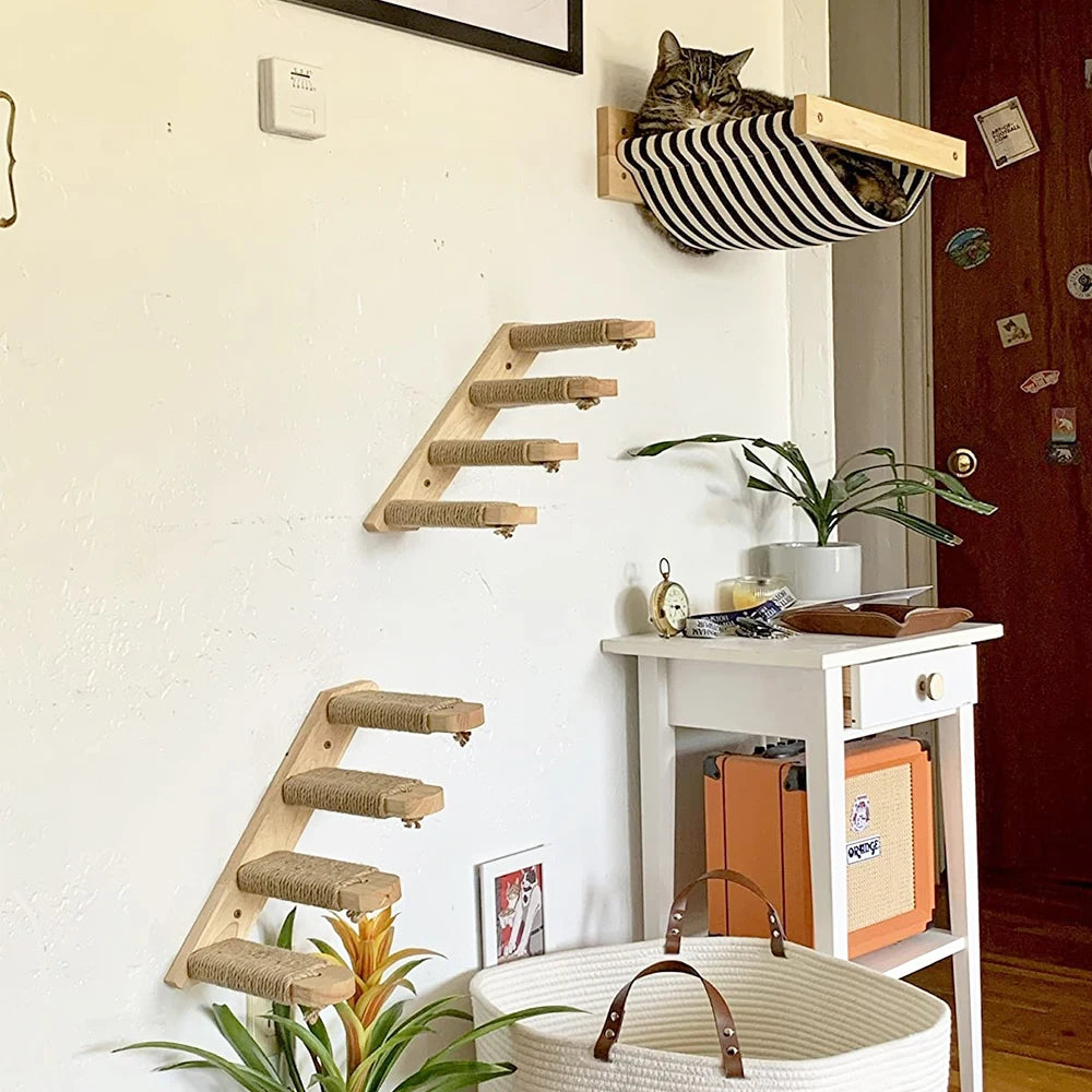 Wall Mounted Four Step Stairway With Sisal Scratching Post For Cats