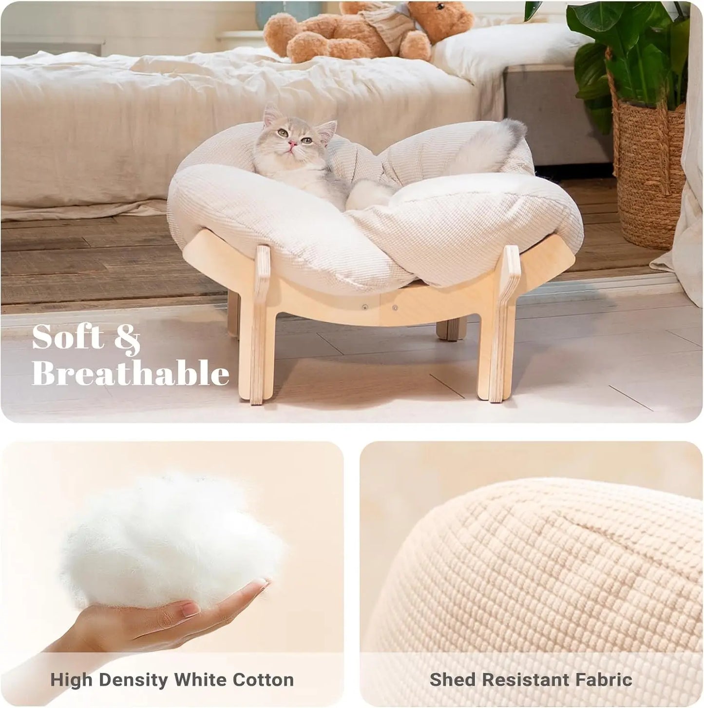 Elevated Cat Bed with Cushion, Wooden Pet Sofa for Indoor Cats and Small Dogs,