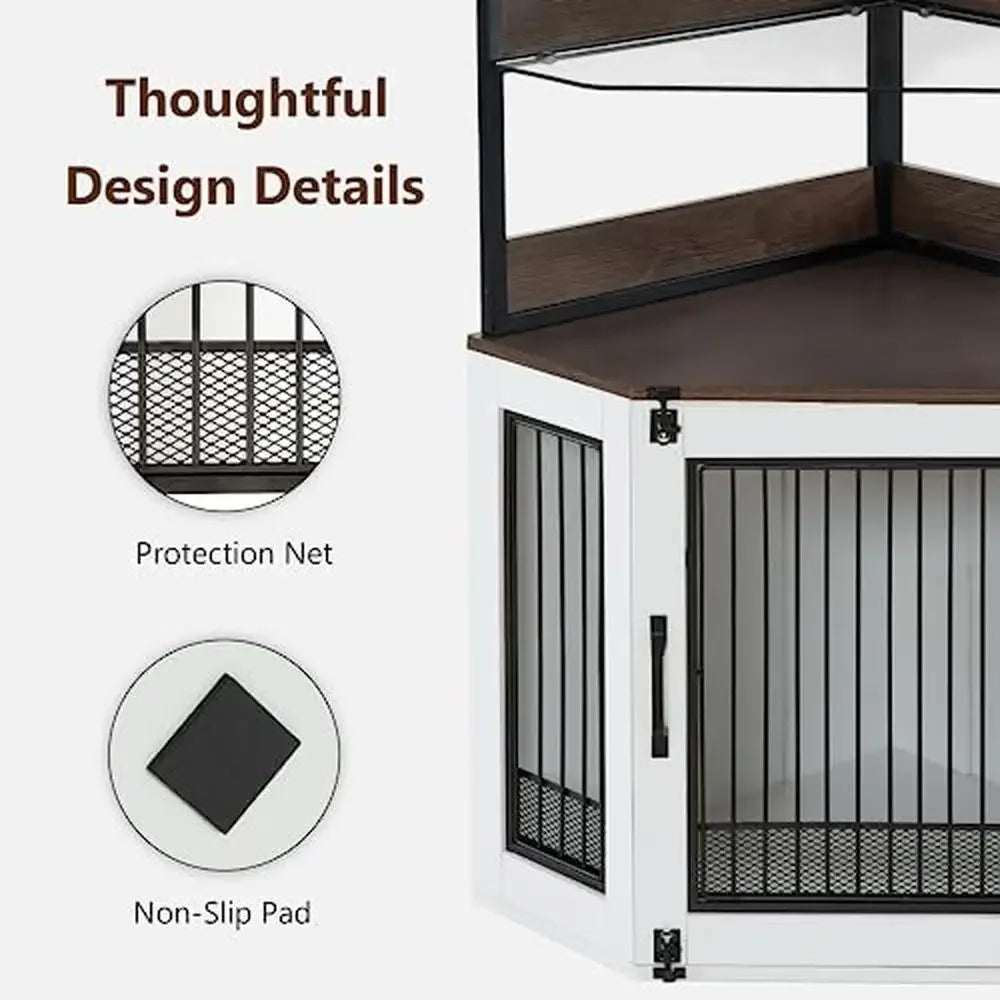 Wooden Corner Dog Crate Furniture Glass Shelves