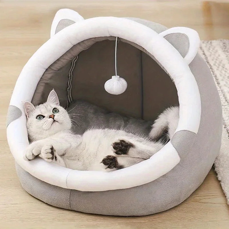 Comfortable Cartoon Cat House with Removable Pad, Modern Style Pet Bed Cave, Indoor Plush House Bed