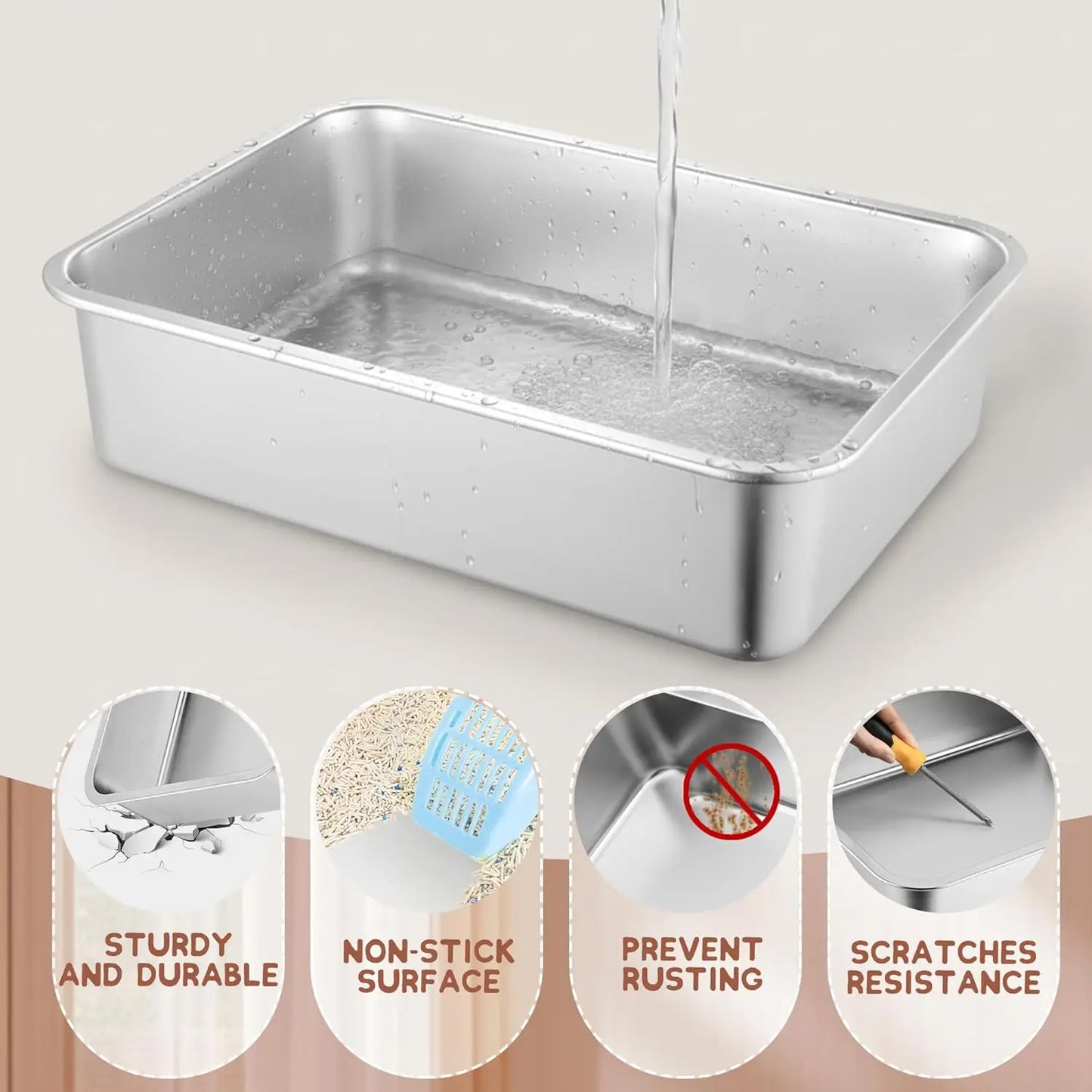 Low Entry Cat Litter Box, Stainless Steel for Small Cats, Guinea Pigs, Puppies, Hamsters