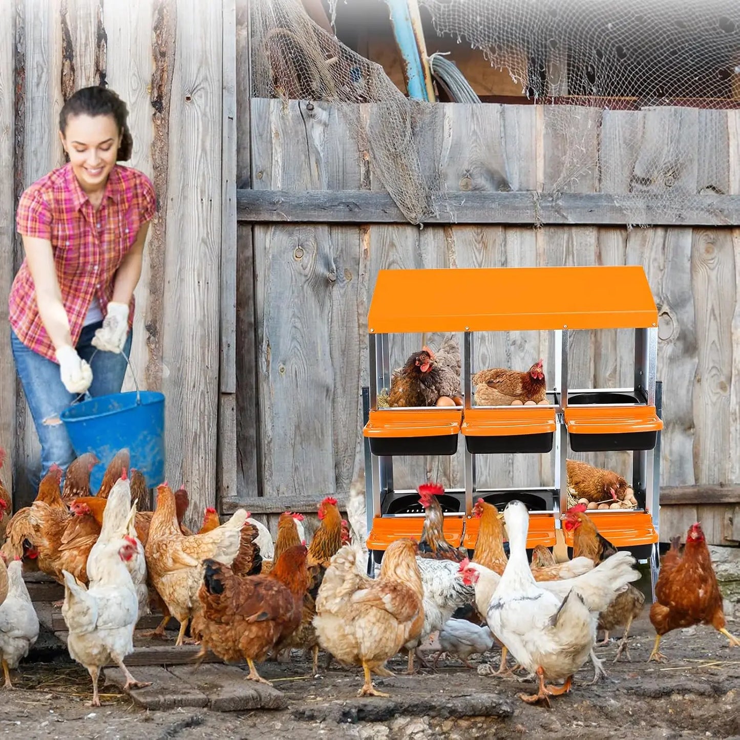 6-Compartment Chicken Nesting Box Automatic Roll-Away Egg Collection System Galvanized Steel Wall Mount or Stand Hen Laying Box