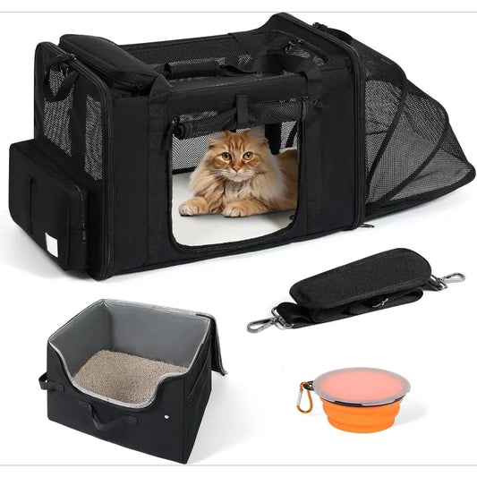 Extra-Large Expandable Cat Carrier For Car Travel,with A Leakproof Portable Tall-Side Litter Box