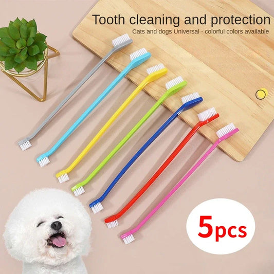 5pcs/set Long Handle Pet Toothbrush Double-head Dog Toothbrushes
