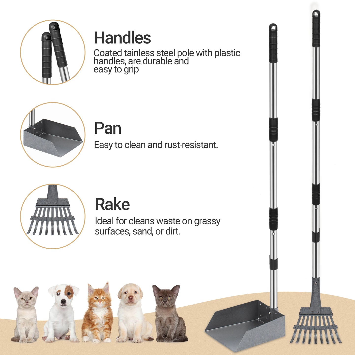 Dog Poop Tray and Rake Set, Pet Waste Removal Scoop with Long Adjustable Sectional Stainless Handles