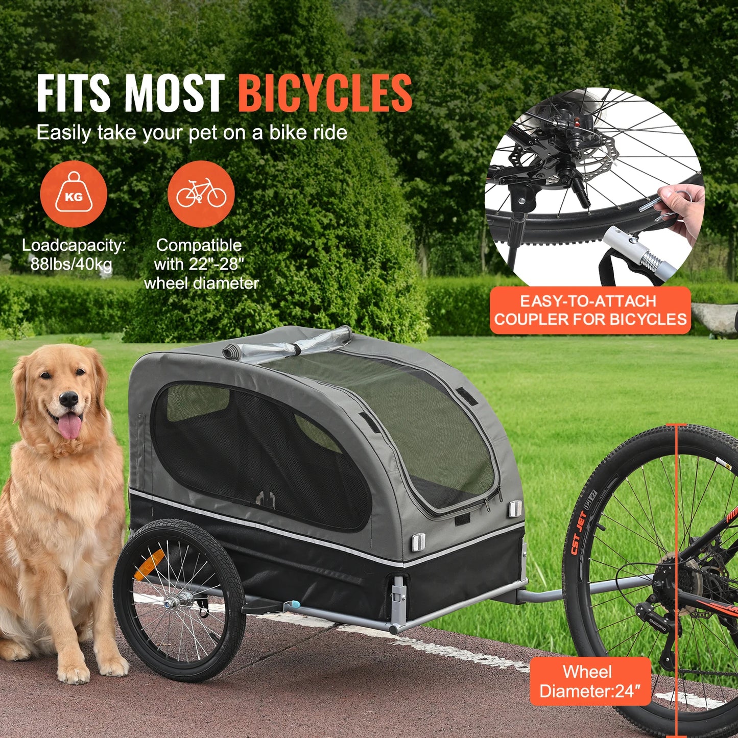 SucceBuy 88 lbs Dog Bike Trailer Pet Cart Bicycle Carrier with Wheels Coupler Reflectors Flag Collapsible