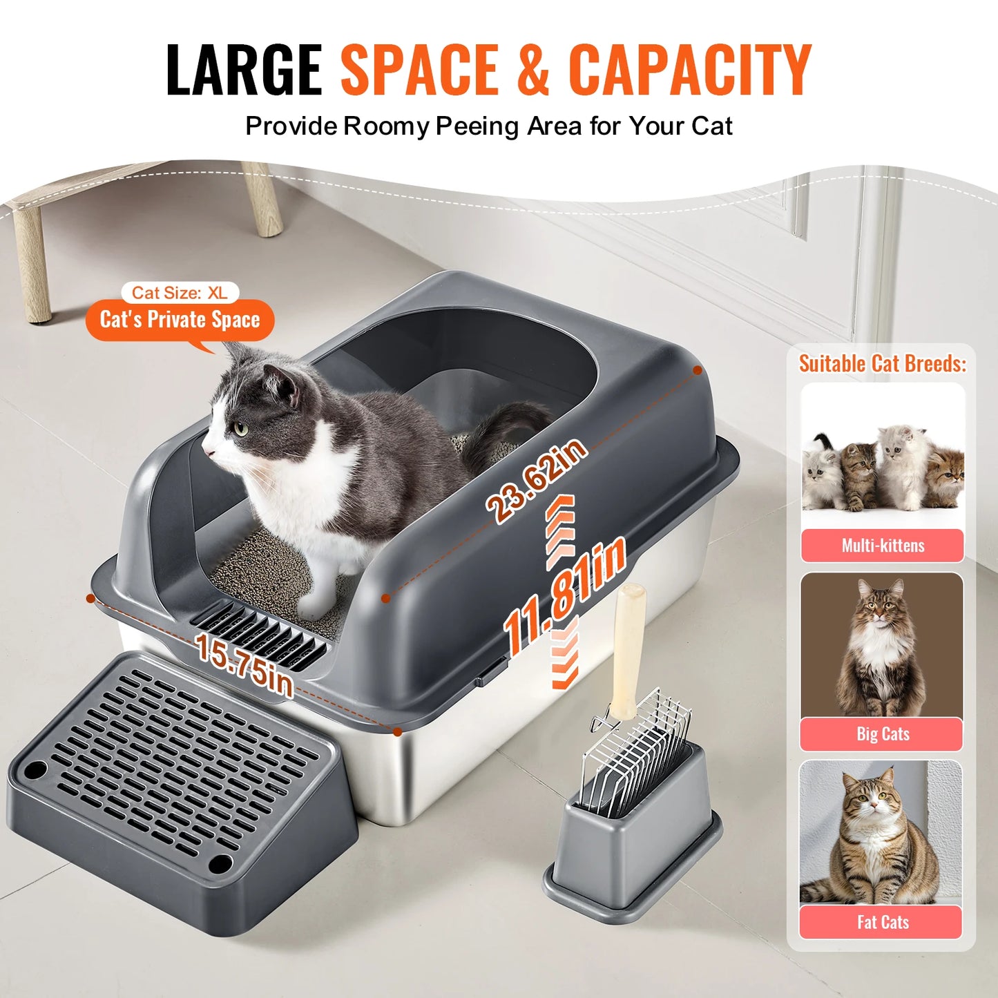 SucceBuy Cat Litter Box 6 inches Deep Extra Large Stainless Steel Cat Litter Box with Scoop Wide Filtering Foot Board&High Sides