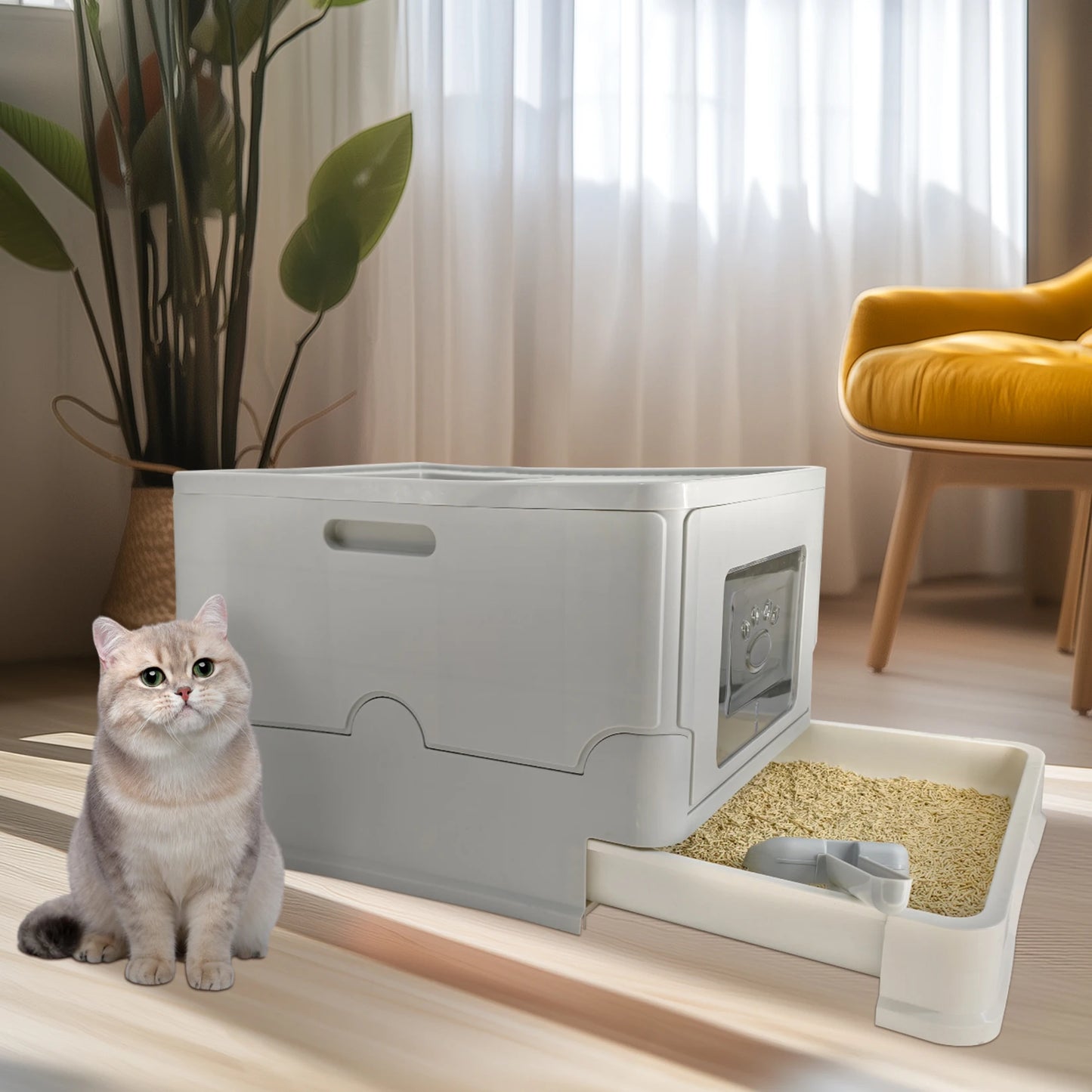 Cat Litter Box with Lid Large Kitty Litter Box Enclosed with High Sided Enclosure Scoop Non-Sticky