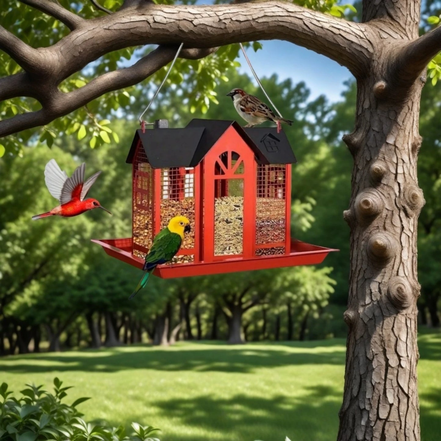 Large Birdhouse with Metal Mesh Cover and Seed Tray,  Weather-Resistant Metal Outdoor Garden Courtyard Decoration Bird Feeding Station,