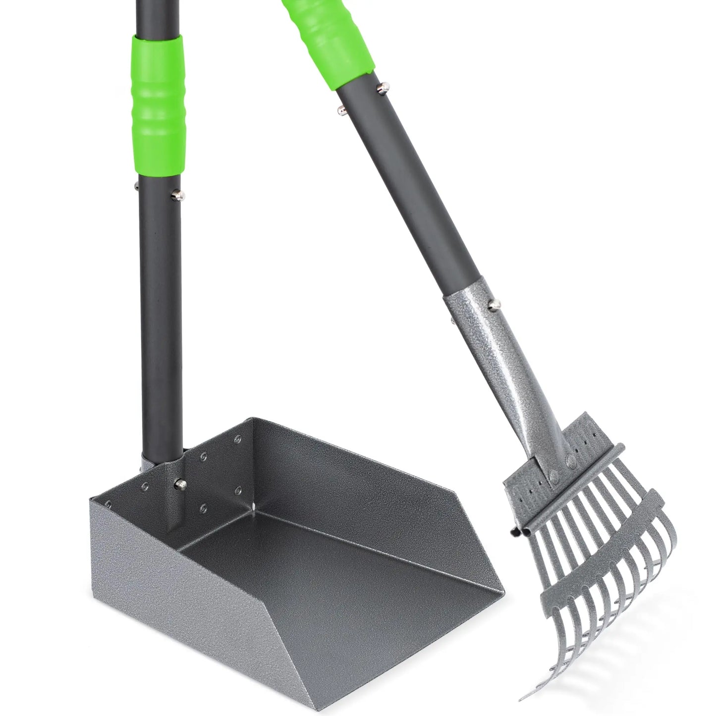 Dog Poop Tray and Rake Set, Pet Waste Removal Scoop with Long Adjustable Sectional Stainless Handles