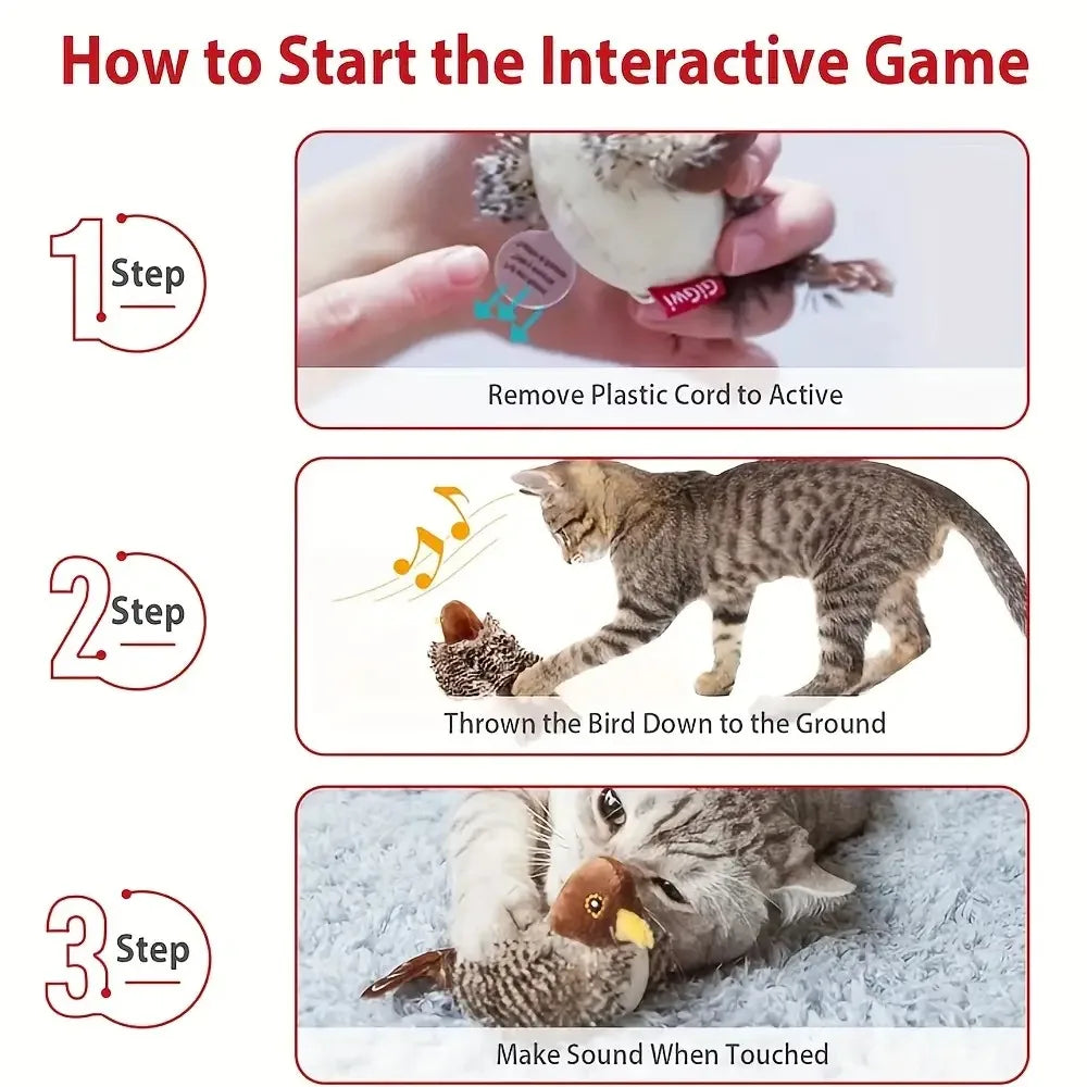 Touch-Activated Flapping Bird Cat Toy Plush Sparrow Kicking Toy with Realistic Chirping Sound, Suitable for Exercise