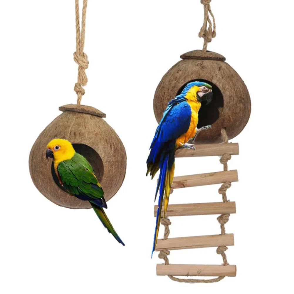 Hanging Coconut Bird House with Ladder, Nest Hut for Parrots & Small Birds
