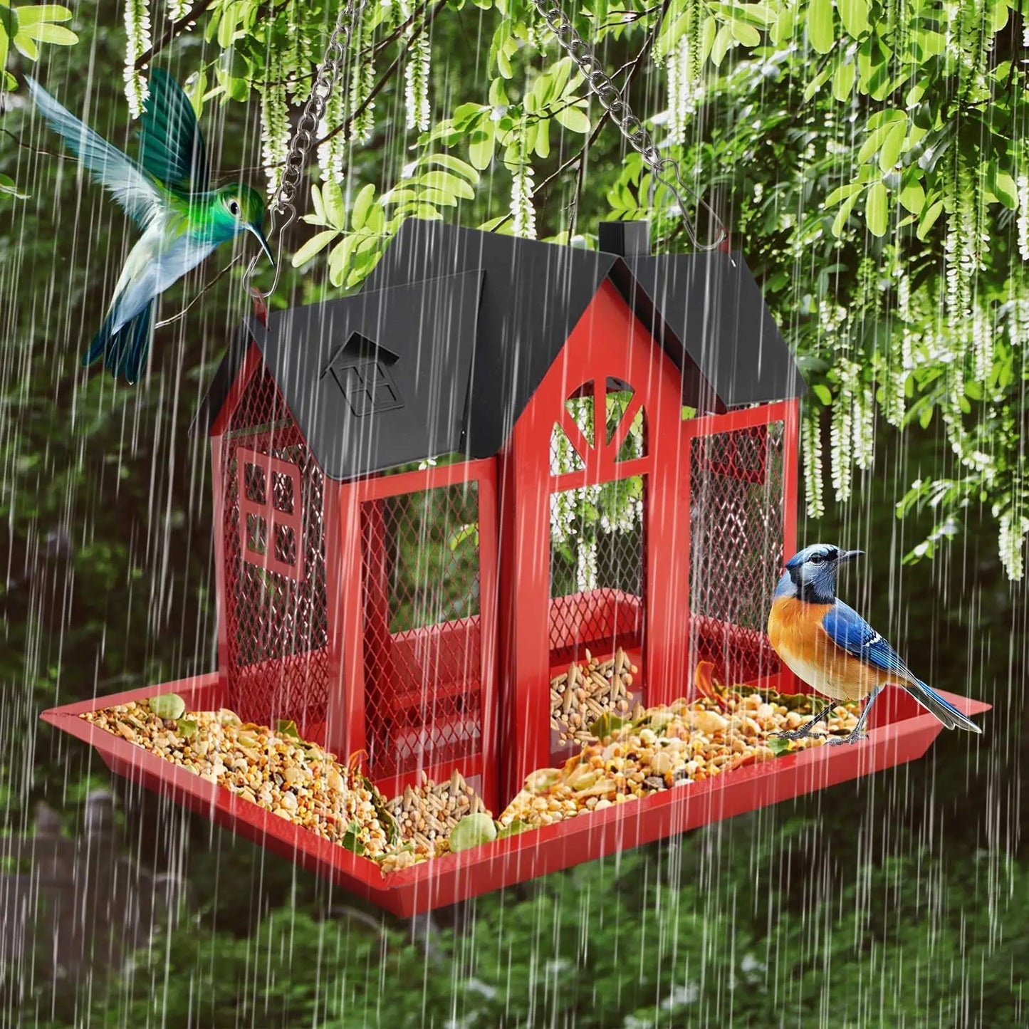 Large Birdhouse with Metal Mesh Cover and Seed Tray,  Weather-Resistant Metal Outdoor Garden Courtyard Decoration Bird Feeding Station,