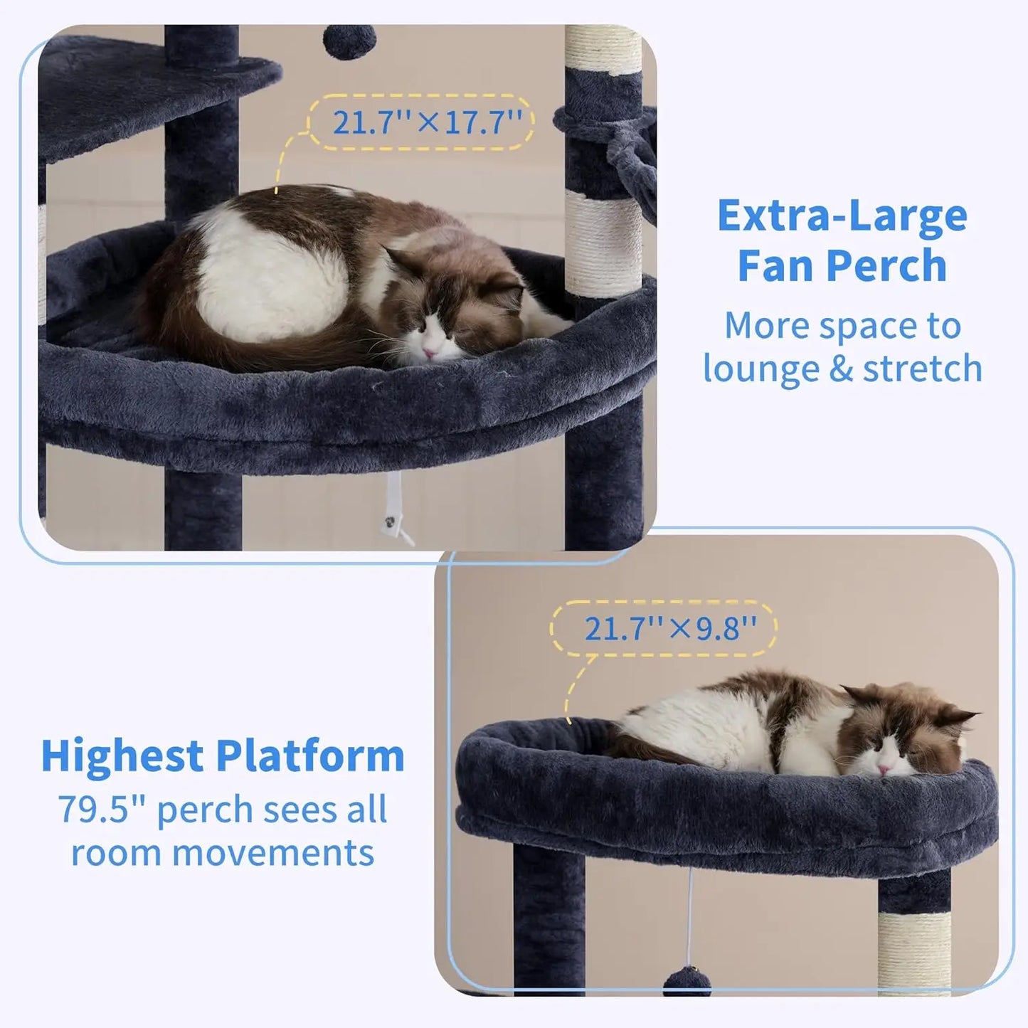 80-Inch Multi-Level Cat Tower for Large Indoor Cats with Spacious Perches, Scratching Board, and Caves in Smoky Gray