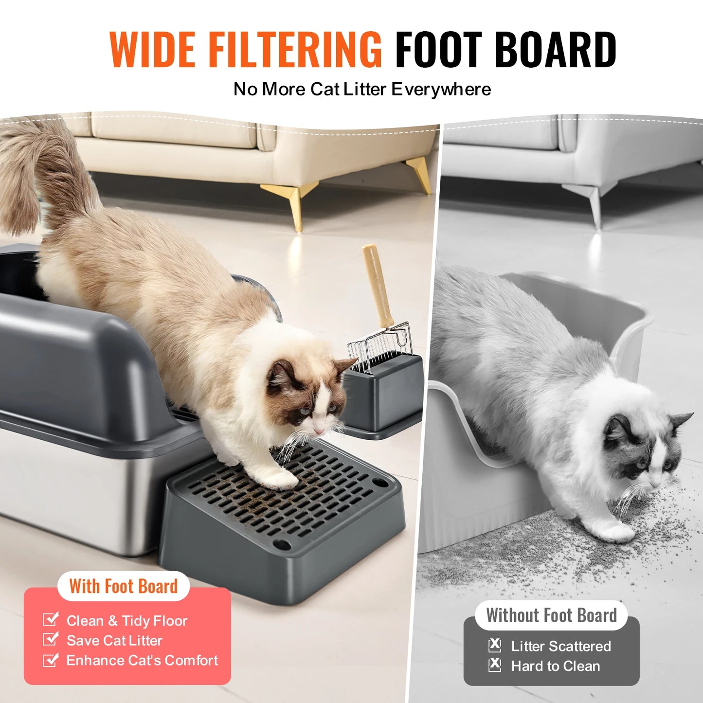 SucceBuy Cat Litter Box 6 inches Deep Extra Large Stainless Steel Cat Litter Box with Scoop Wide Filtering Foot Board&High Sides