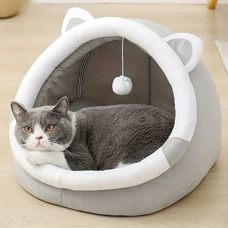 Comfortable Cartoon Cat House with Removable Pad, Modern Style Pet Bed Cave, Indoor Plush House Bed