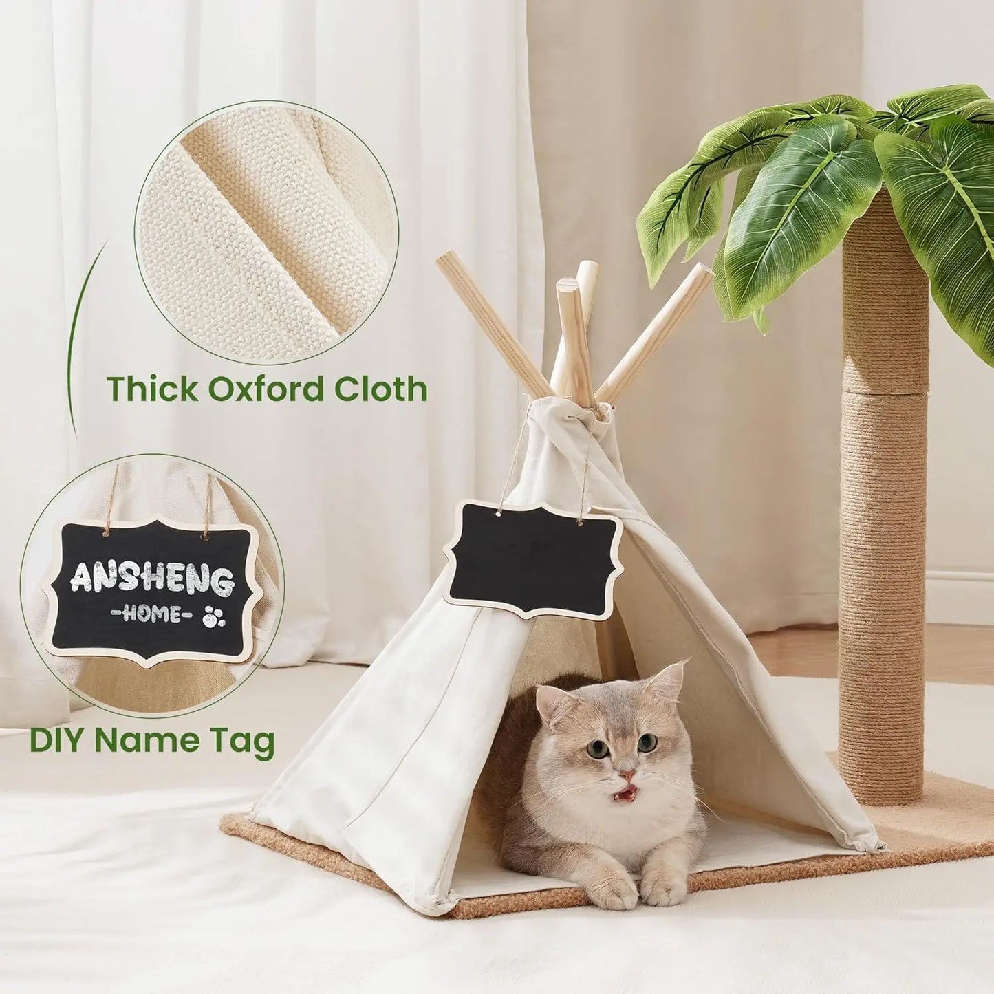 MEWOOFUN Cats Scratching Post Teepee Cat Tree with Simulated Leaves 60cm Tall Scratcher Post Pet Bed Tent Indoor Cat Play House