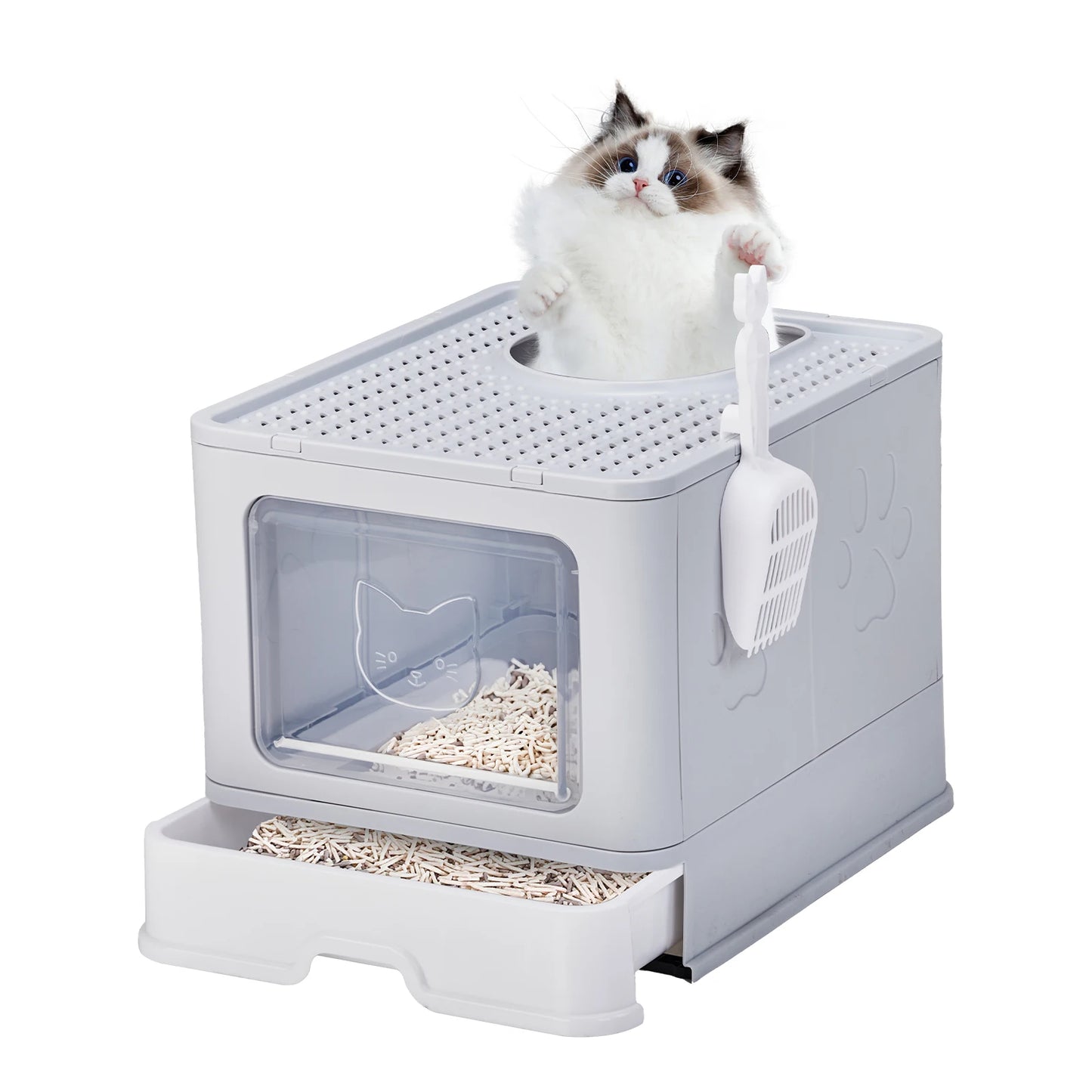 Large Enclosed Cat Litter Box with Lid Cover, Detachable Cat Toilet with Litter Scoop Slide Out Tray Front Entry Top Exit Door