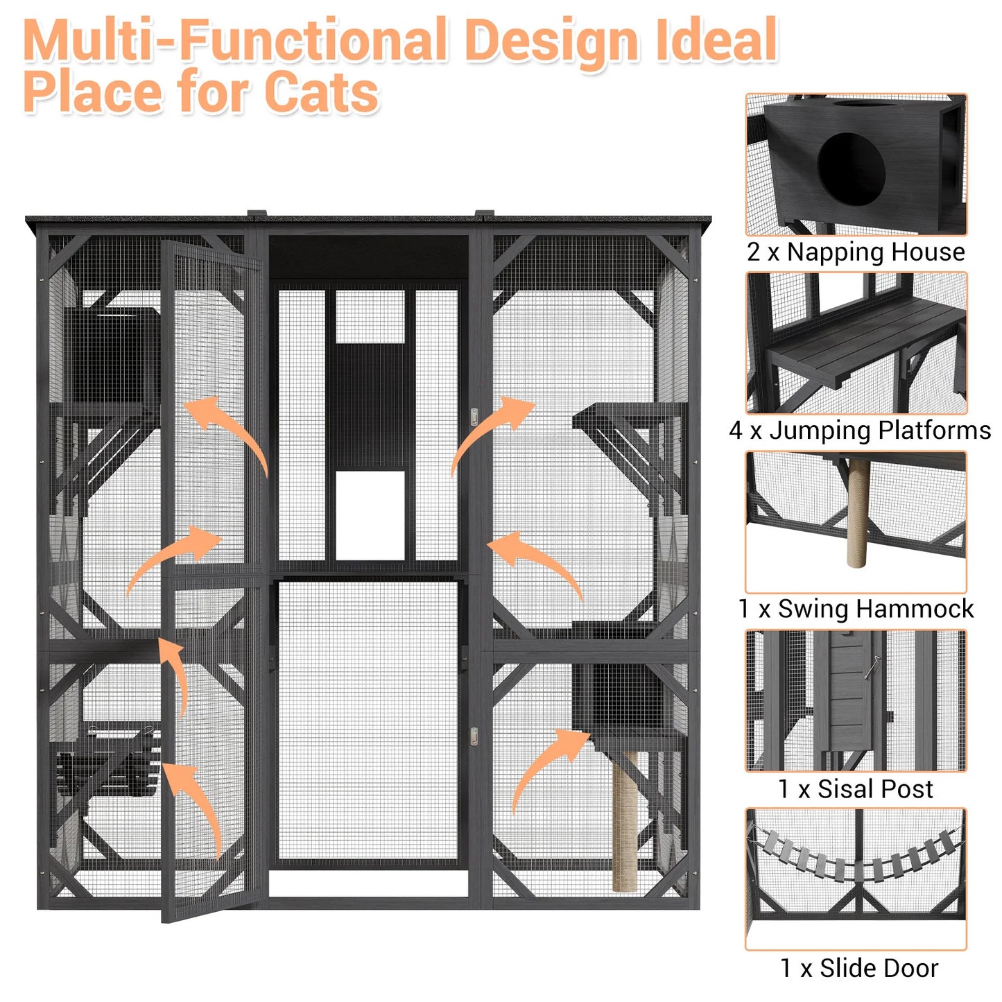 Extra Large Outdoor Wooden Catio, Walk-in Multi-Level Cat Enclosure with Waterproof Roof for Patio & Backyard