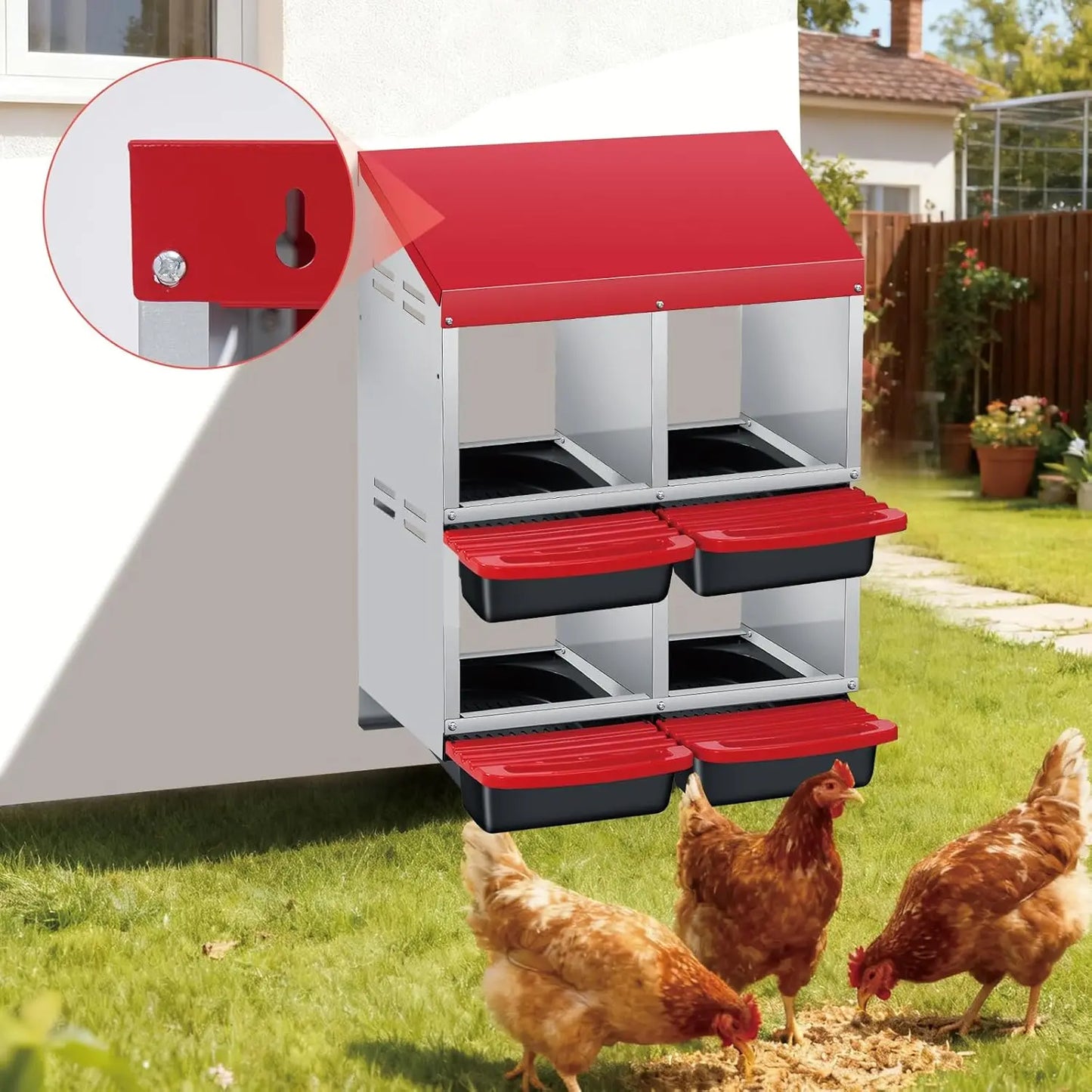 Chicken Nesting Box 4 Compartment Roll Away Design Automatic Roll-Out Egg Collection with Perch Wall Mount for Hens Ducks Rabbit