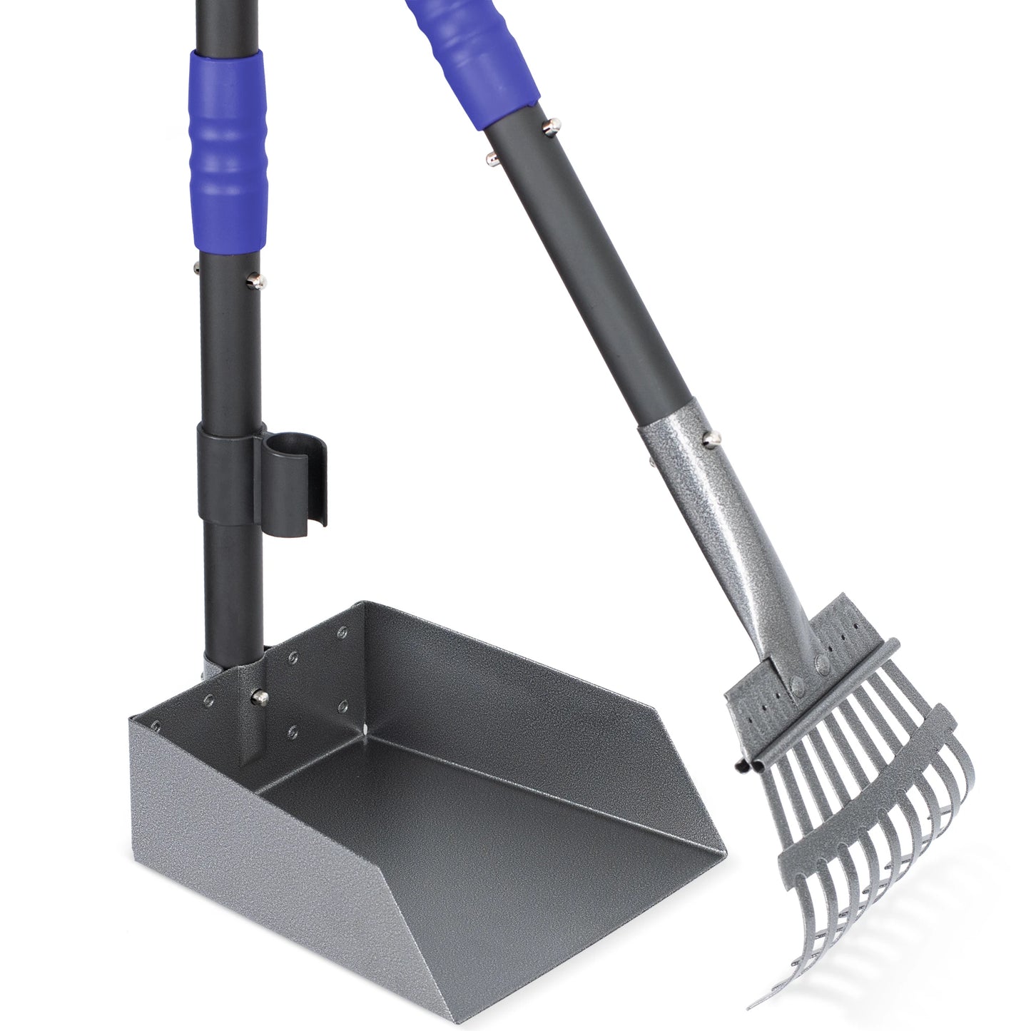 Dog Poop Tray and Rake Set, Pet Waste Removal Scoop with Long Adjustable Sectional Stainless Handles