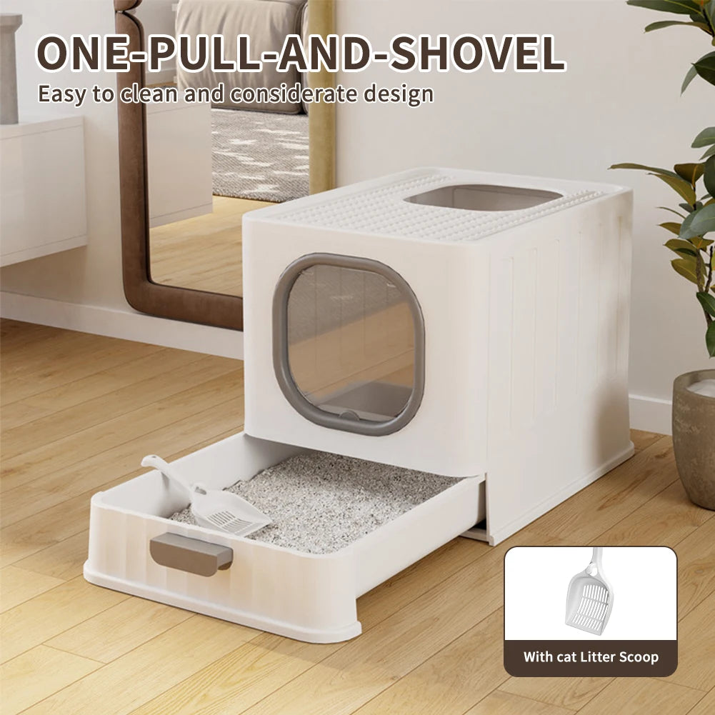 Covered Litter Box with Top Entry,  Slide-Out Tray, Scoop,