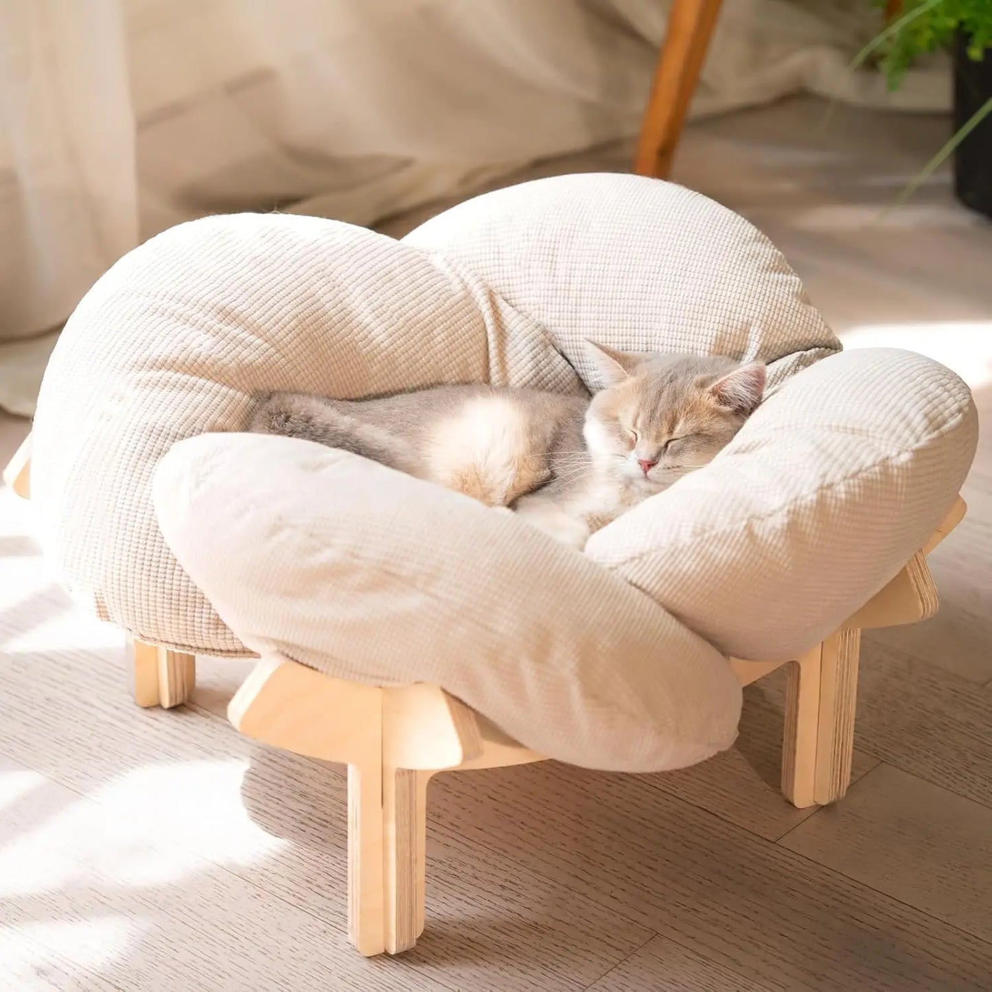 Elevated Cat Bed with Cushion, Wooden Pet Sofa for Indoor Cats and Small Dogs,