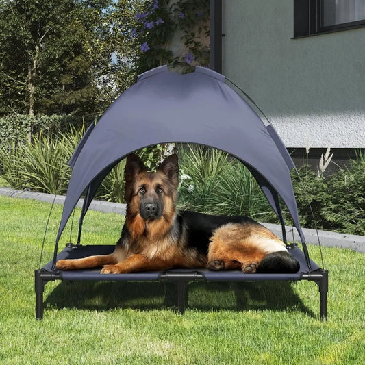 Elevated Dog Bed with Canopy 36x30, Portable Blue Non-Slip Feet