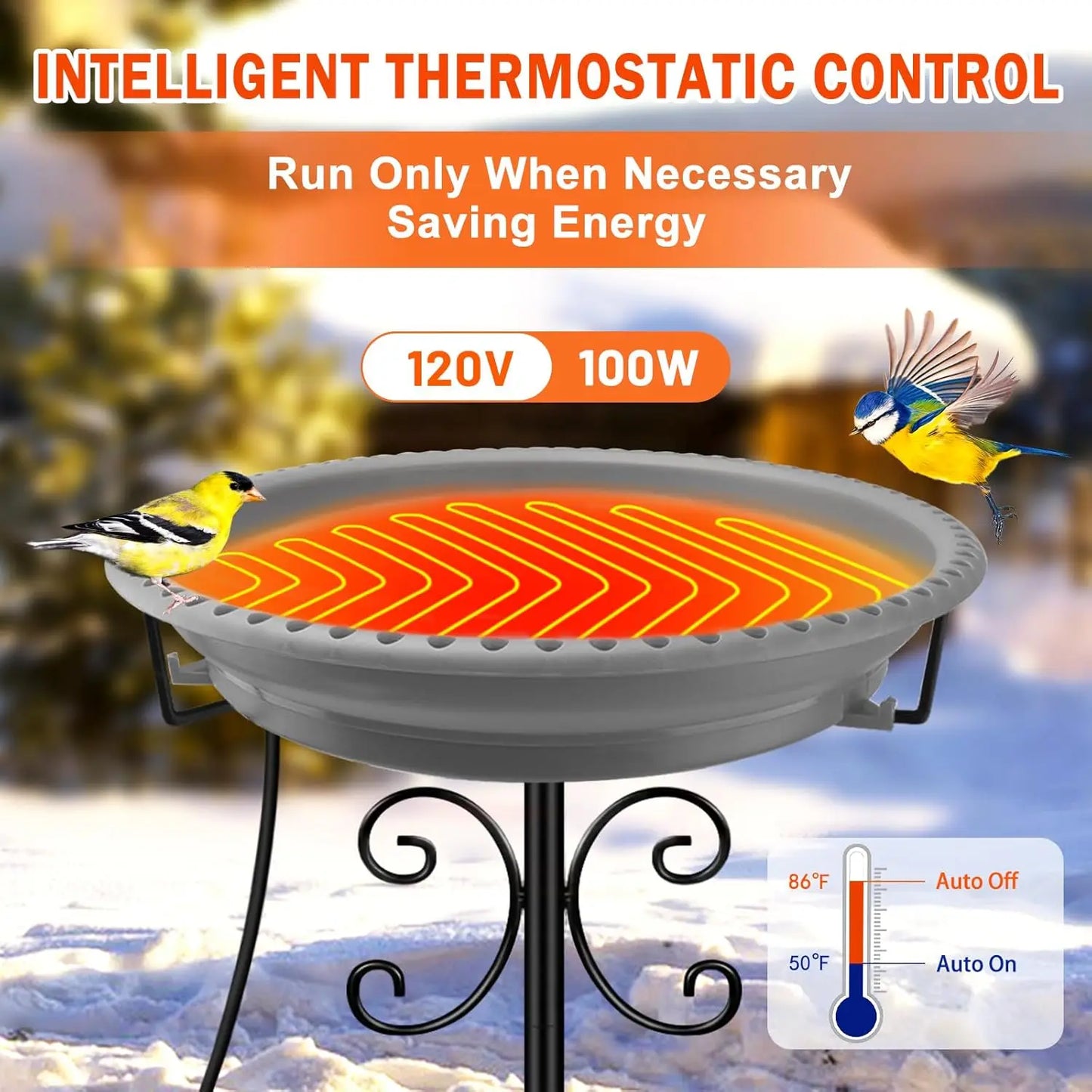 100W Heated Bird Bath with Thermostat Control, 5-Prong Metal Base for Winter Outdoor Garden Patio Yard (Grey)