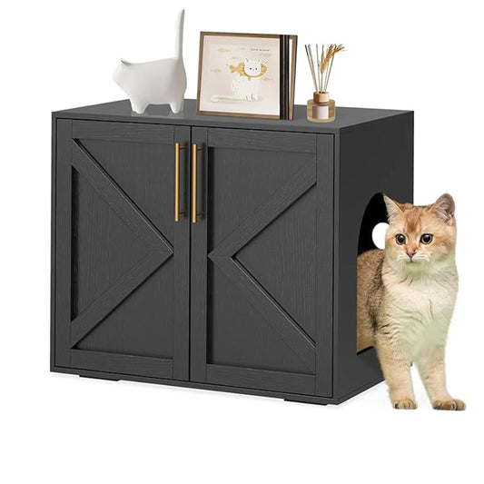 Hidden Litter Box Furniture with 2 Doors, Wooden Litter Box Enclosure Furniture