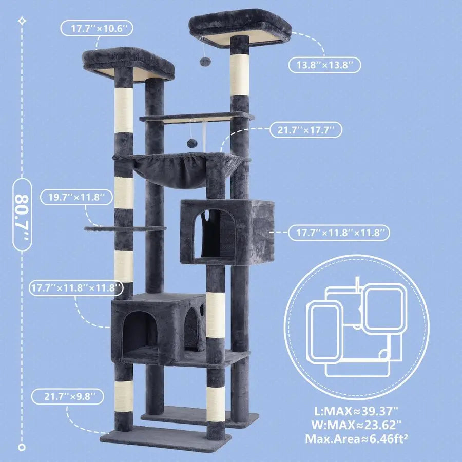 Tall Cat Tree Tower, Heavy Duty Scratching Posts with Large Platforms, Cozy Condos, Big Hammock,