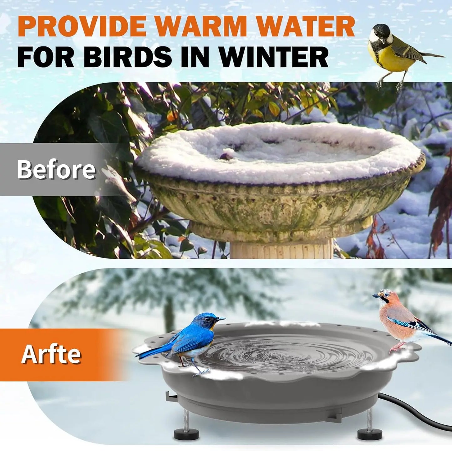 Winter Heated Bird Bath with 100W Thermostat, 3 Metal Screws for Outdoor Garden Patio - Grey