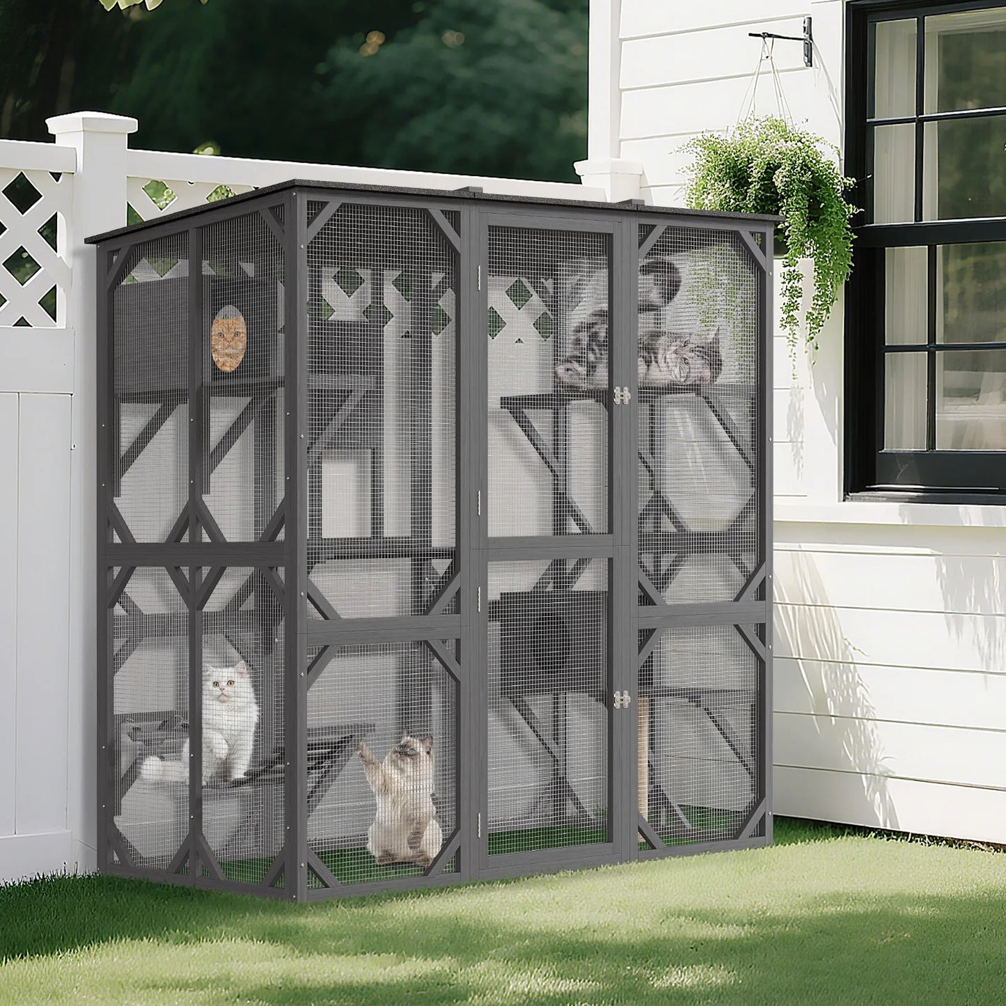 Extra Large Outdoor Wooden Catio, Walk-in Multi-Level Cat Enclosure with Waterproof Roof for Patio & Backyard