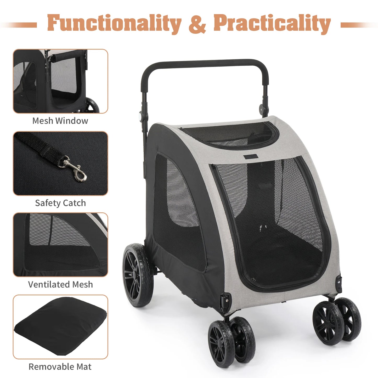 Adjustable Handle Dog Stroller, Jogger Stroller Grey Foldable Wagon Dog Dog Stroller with 4 Wheels