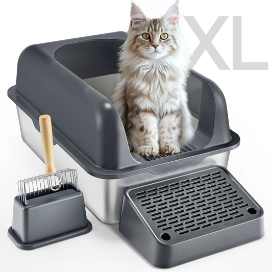 SucceBuy Cat Litter Box 6 inches Deep Extra Large Stainless Steel Cat Litter Box with Scoop Wide Filtering Foot Board&High Sides